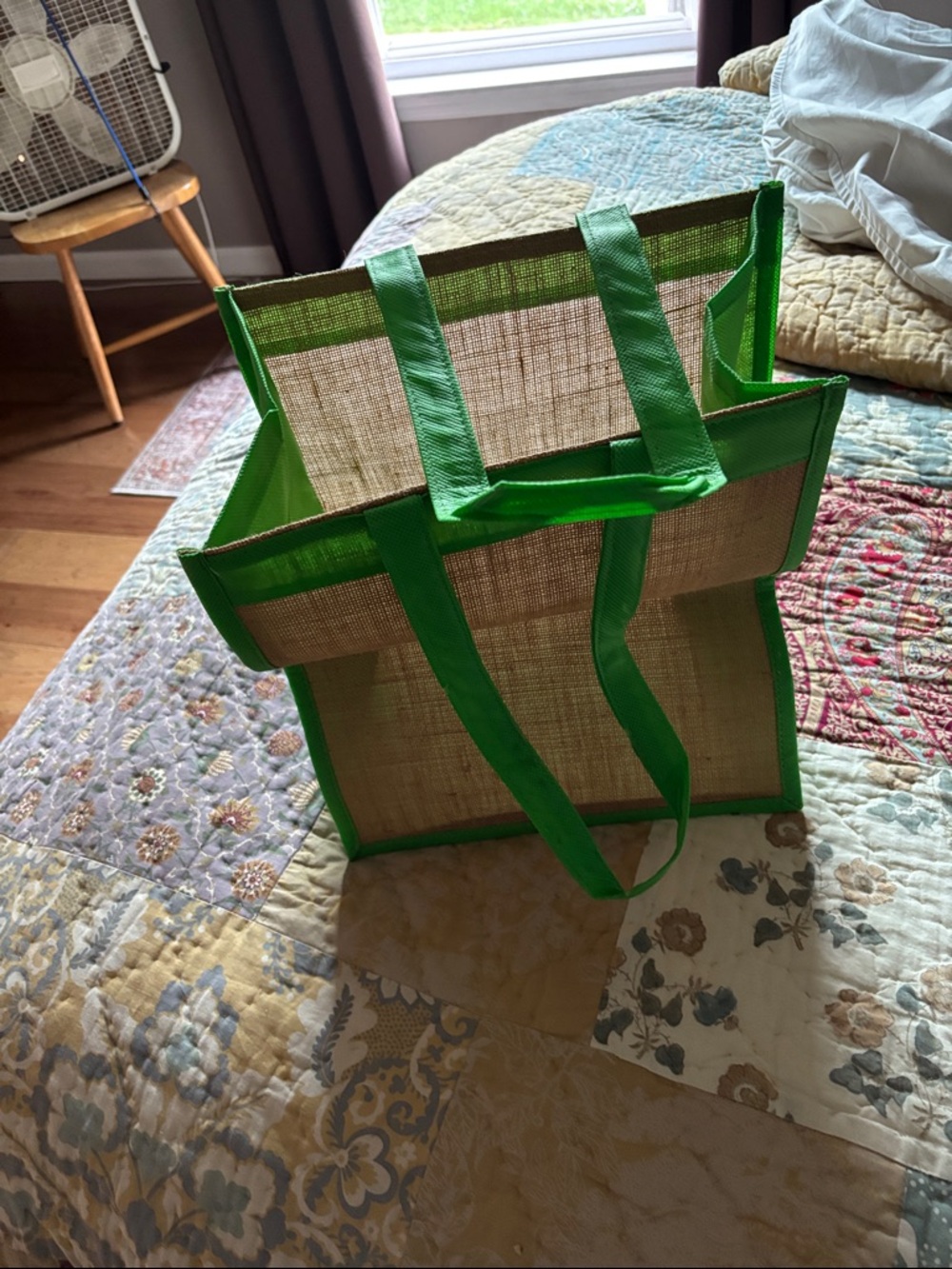 Reusable Boeing Jute Tote Bag with Bright Green Trim